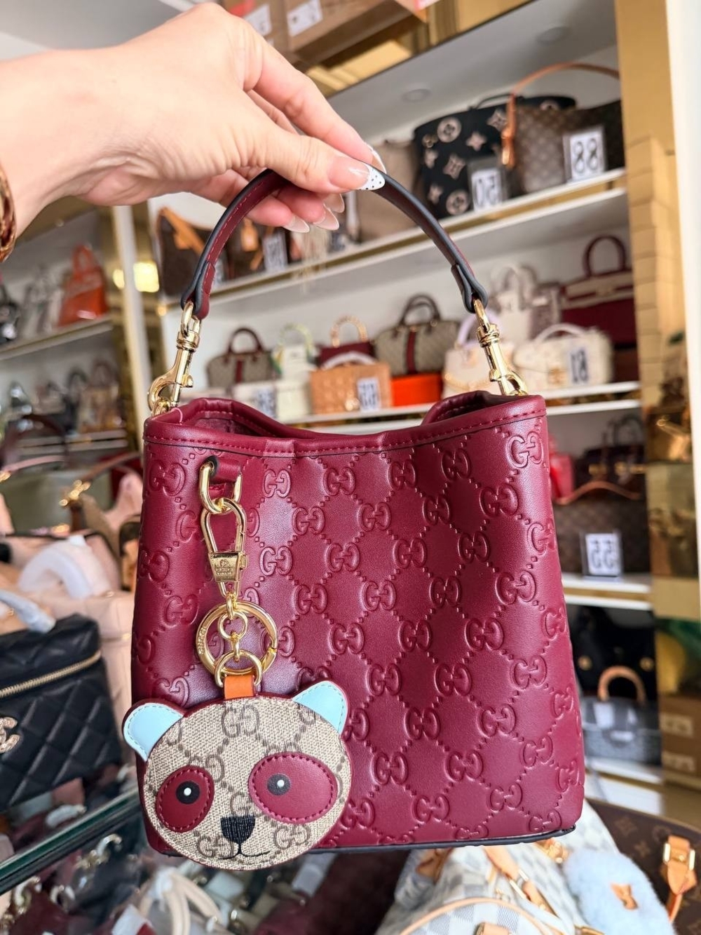 Gucci Burgundy Embossed GG Mini Top-Handle Bag with Panda Charm